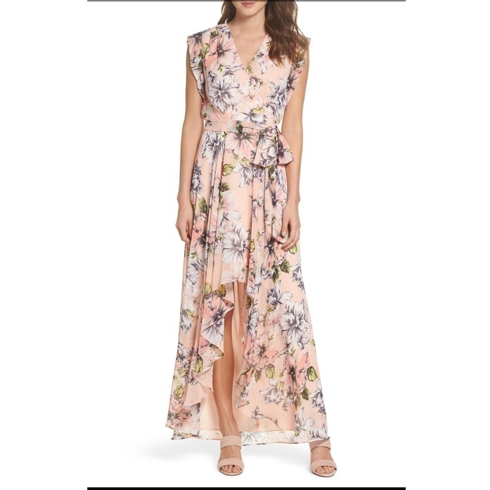 Eliza J floral chiffon dress high low peach v neck